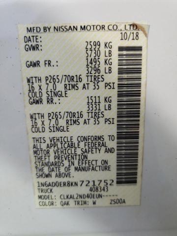 1N6AD0ER8KN721752 Nissan FRONTIER S