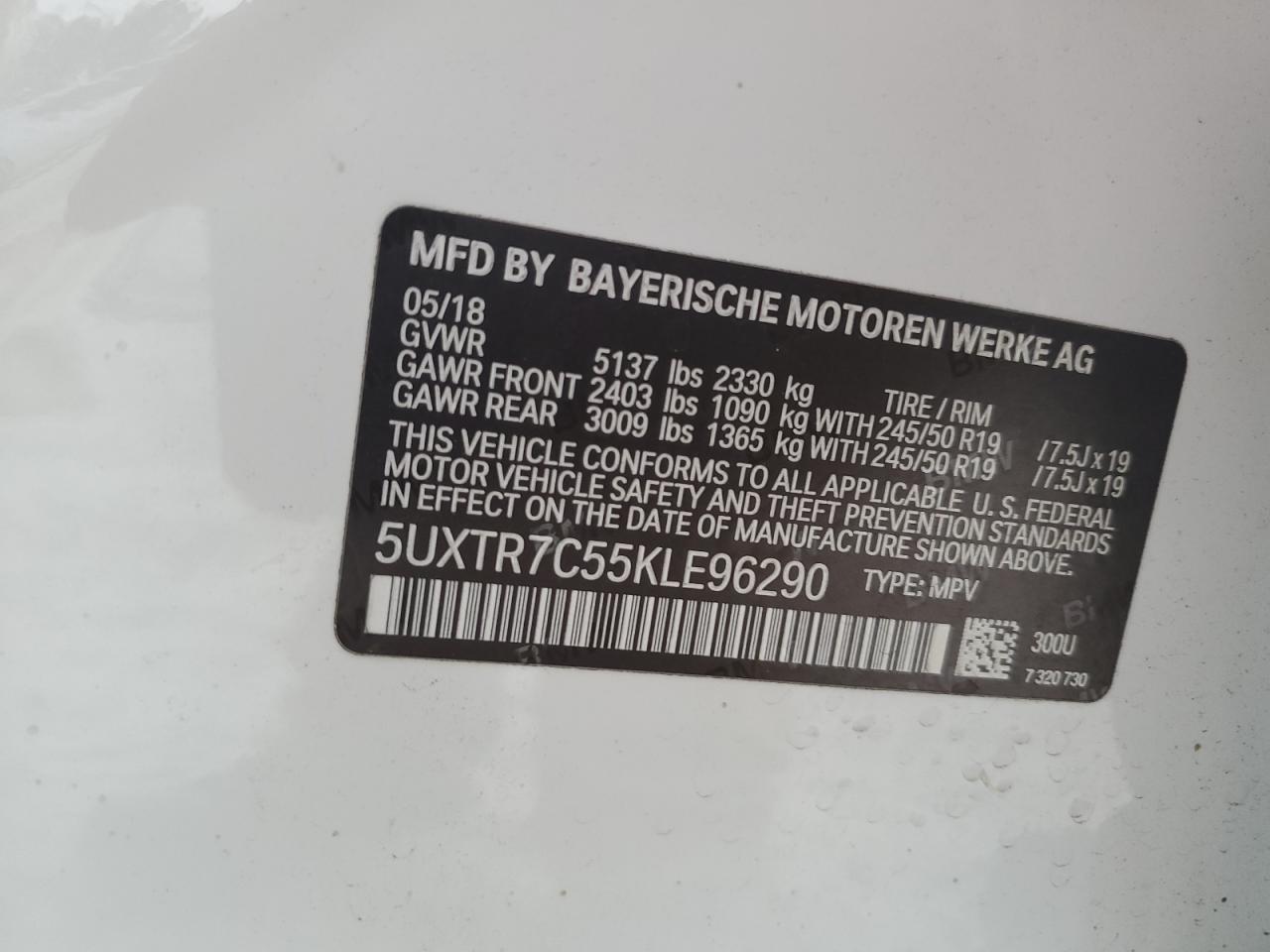 5UXTR7C55KLE96290 2019 BMW X3 Sdrive30I