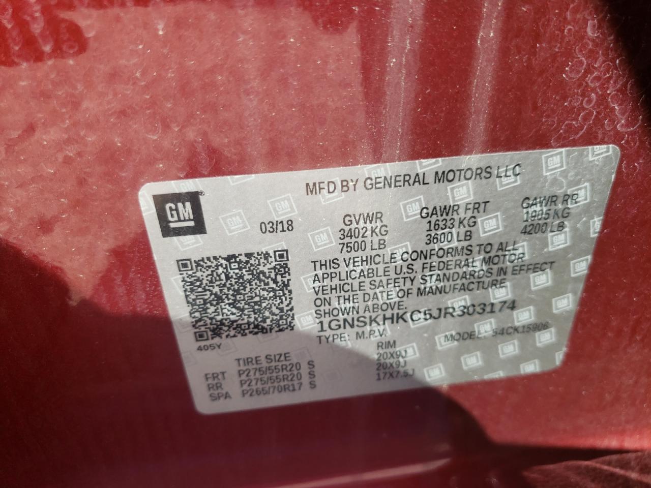 1GNSKHKC5JR303174 CHEVROLET SUBURBAN 2018