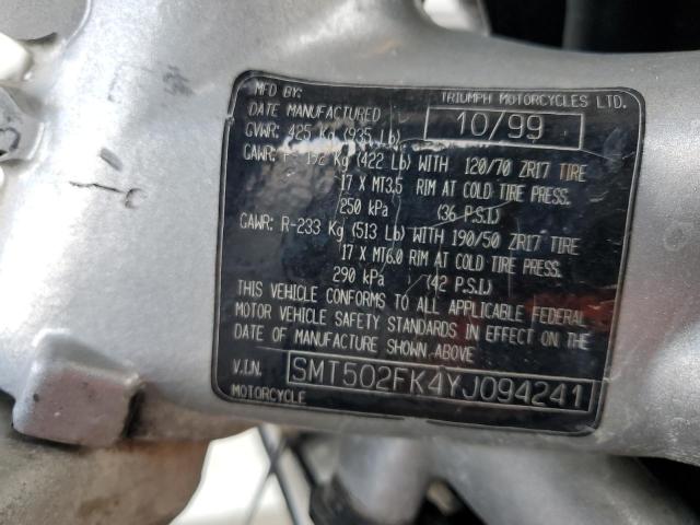 2000 TRIUMPH MOTORCYCLE DAYTONA 95 SMT502FK4YJ094241