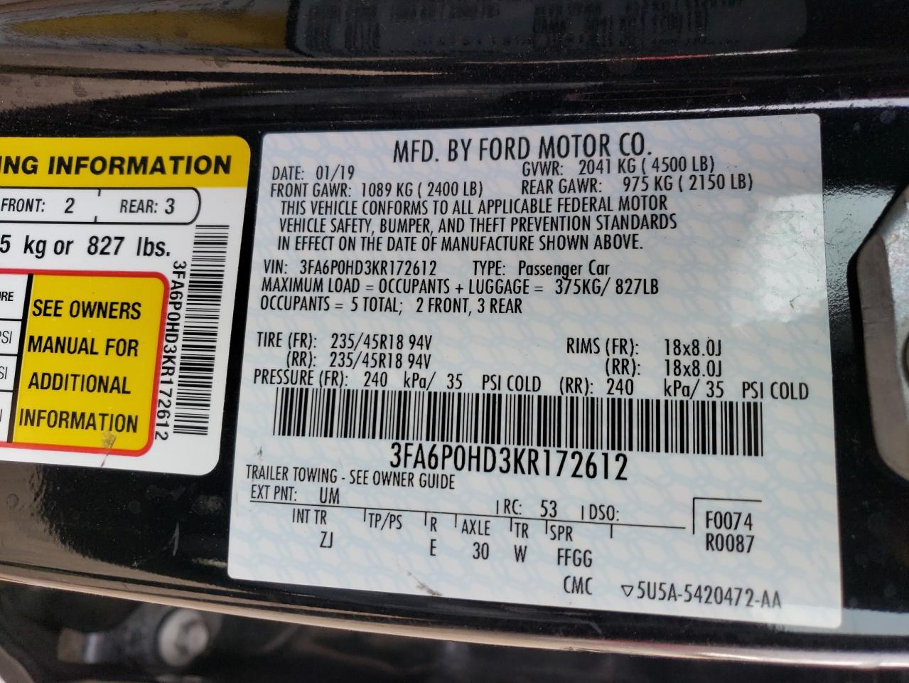3FA6P0HD3KR172612 FORD FUSION 2019