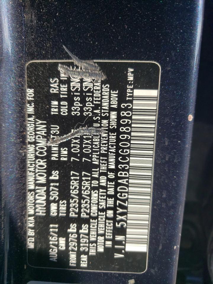 5XYZGDAB3CG098983 2012 Hyundai Santa Fe Gls