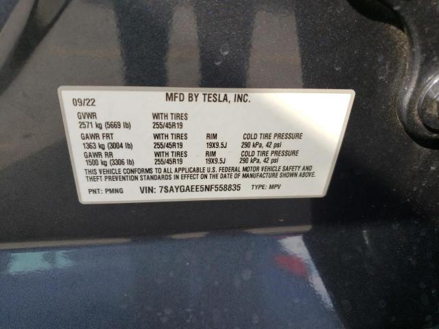 7SAYGAEE5NF558835 | 2022 TESLA MODEL Y