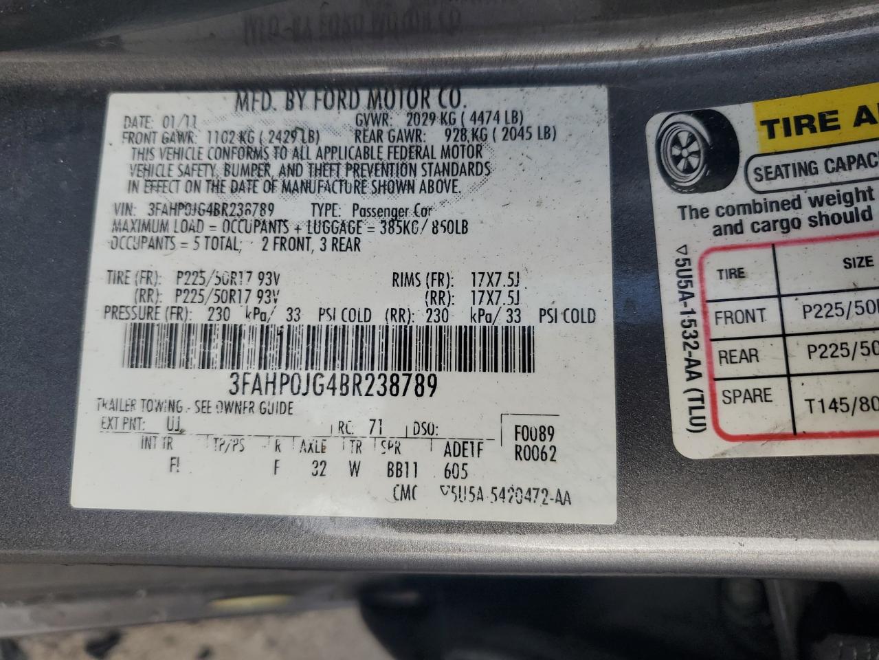 3FAHP0JG4BR238789 2011 Ford Fusion Sel