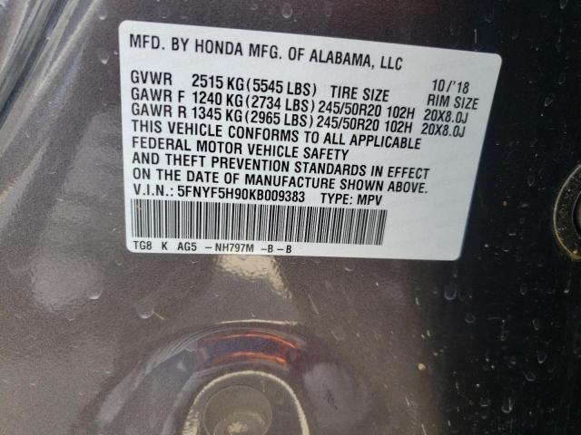 5FNYF5H90KB009383 Honda Pilot Touring
