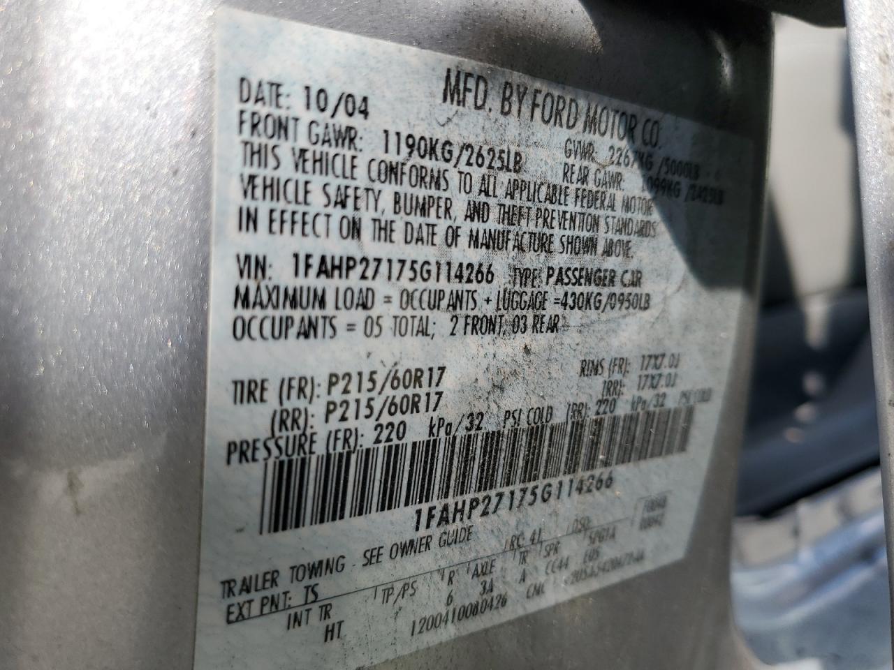 1FAHP27175G114266 2005 Ford Five Hundred Sel