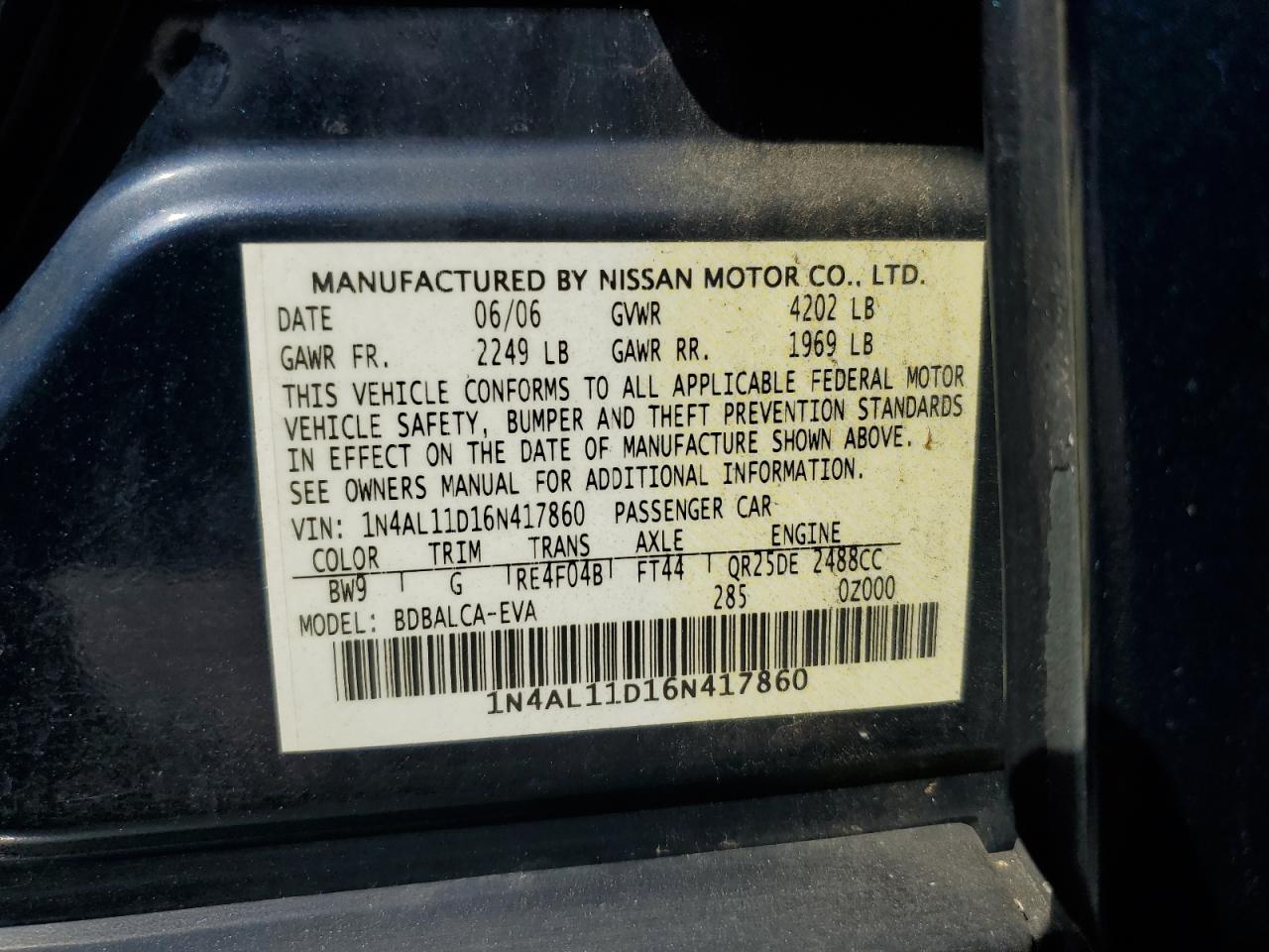 1N4AL11D16N417860 2006 Nissan Altima S