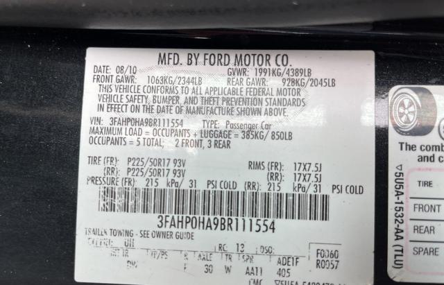 3FAHP0HA9BR111554 2011 FORD FUSION, photo no. 10