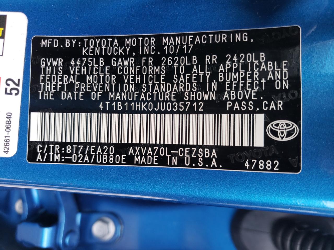 4T1B11HK0JU035712 2018 Toyota Camry L