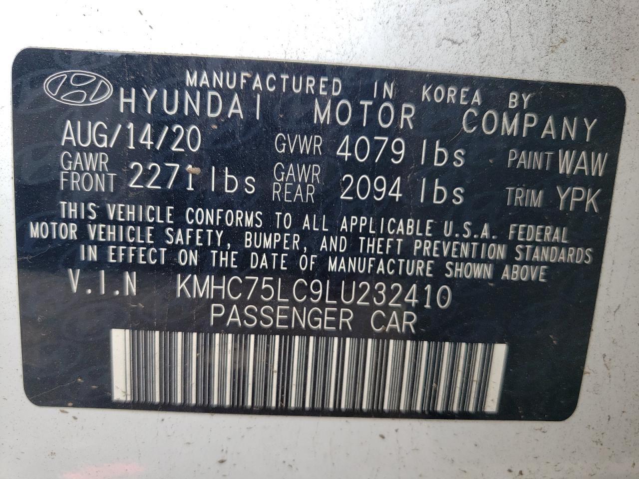 KMHC75LC9LU232410 2020 Hyundai Ioniq Se