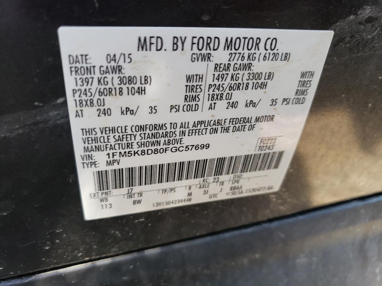 1FM5K8D80FGC57699 2015 Ford Explorer Xlt 1FM5K8D80FGC57699 2015 Ford Explorer Xlt