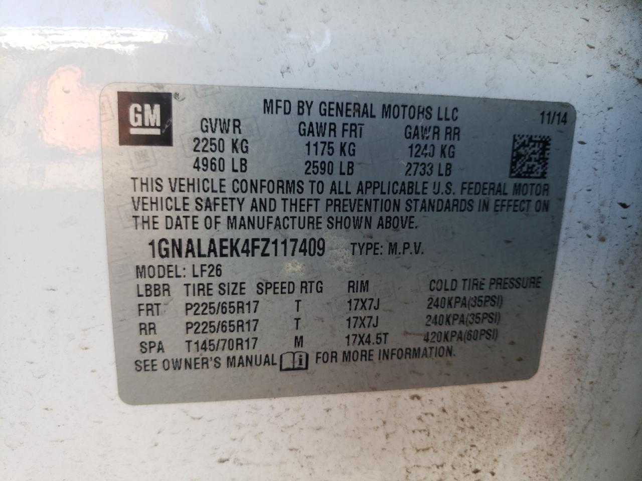 1GNALAEK4FZ117409 2015 Chevrolet Equinox Ls