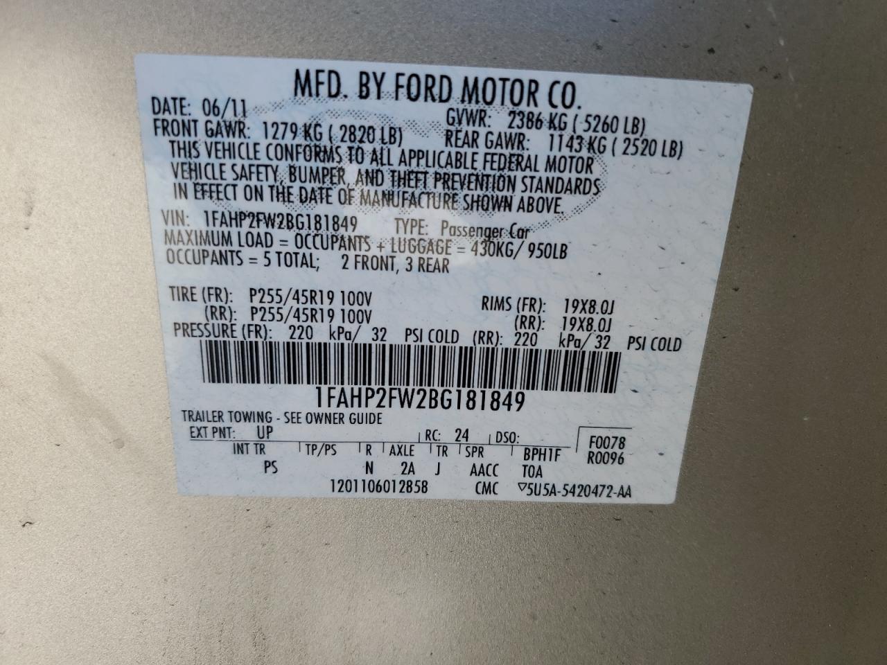 1FAHP2FW2BG181849 2011 Ford Taurus Limited