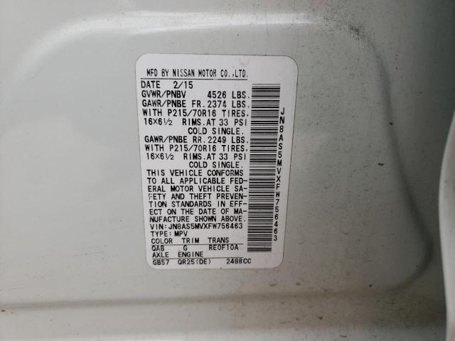 JN8AS5MVXFW756463 Nissan Rogue Select S
