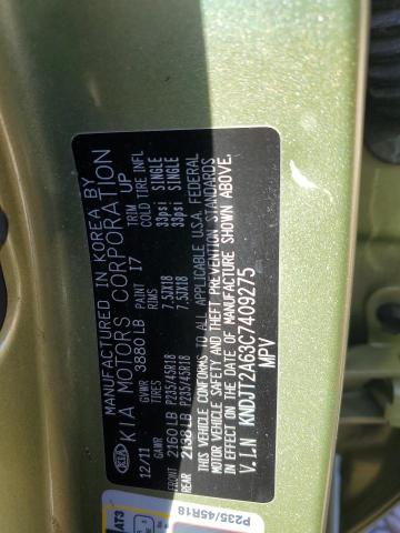 VIN: KNDJT2A63C7409275 Auction: COPART Lot: 66651583 Location: UT - SALT LAKE CITY KNDJT2A63C7409275 KIA SOUL 2012 GREEN Photo 12