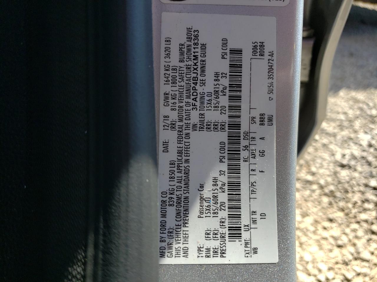 VIN: 3FADP4BJXKM118363 2019 FORD FIESTA