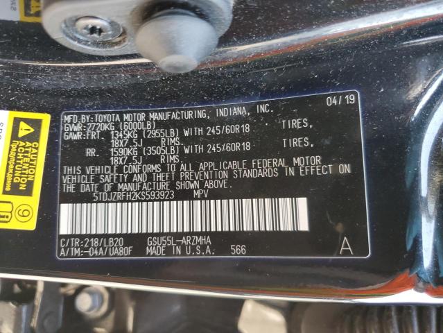 VIN 5TDJZRFH2KS593923 2019 Toyota Highlander, SE no.13