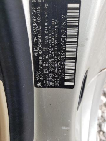 VIN: WBAEK13486CN77822 Auction: COPART Lot: 66743303 Location: IN - CICERO WBAEK13486CN77822 BMW 6 SERIES 2006 SILVER Photo 12