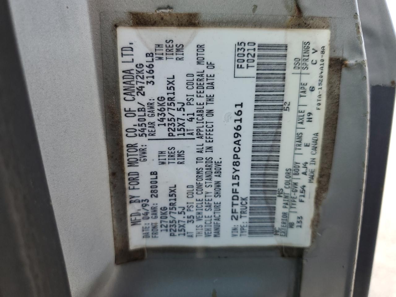 2FTDF15Y8PCA96161 1993 Ford F150 2FTDF15Y8PCA96161 1993 Ford F150