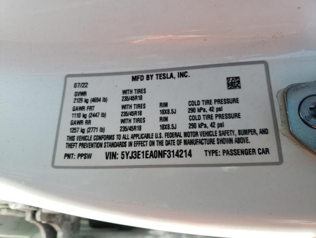 5YJ3E1EA0NF314214 Tesla MODEL 3