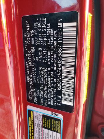 KM8SN4HF4HU206867 Hyundai Santa Fe Se