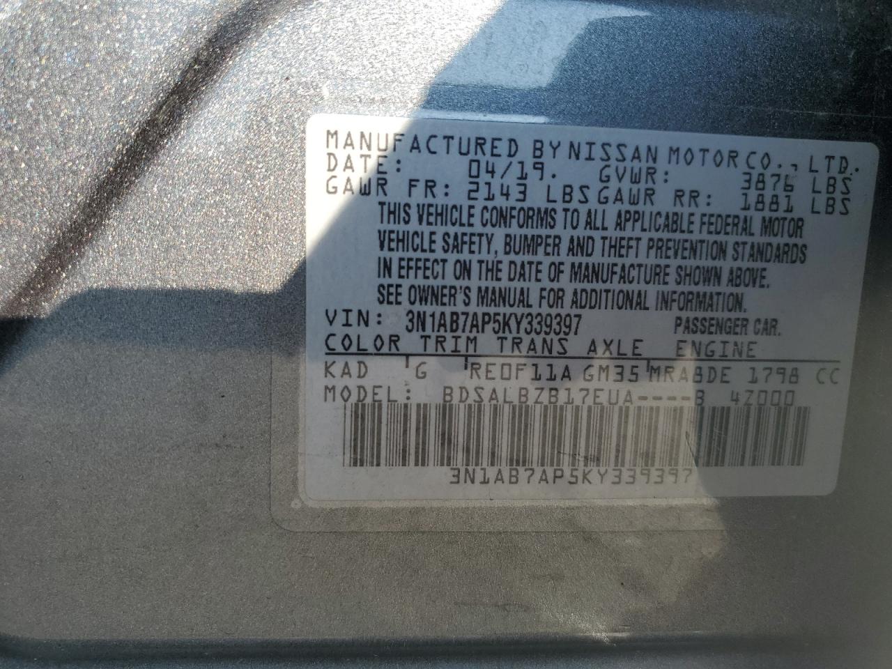 3N1AB7AP5KY339397 NISSAN SENTRA 2019