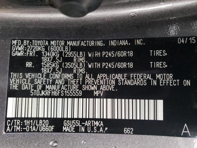5TDJKRFH6FS155559 Toyota Highlander Xle