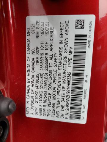 2HKRW2H92MH663342 Honda Cr-v Touring