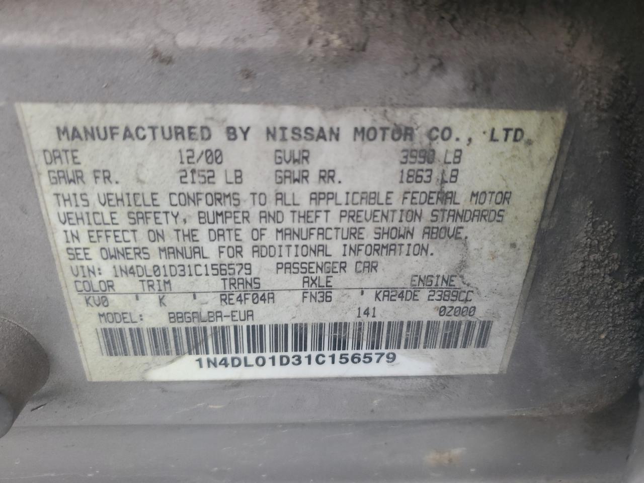 1N4DL01D31C156579 2001 Nissan Altima Xe