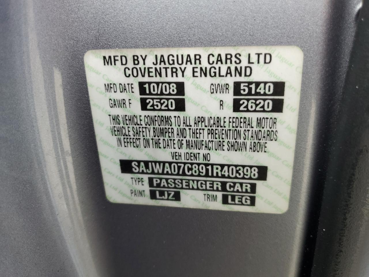 sajwa07c891r40398 SAJWA07C891R40398 2009 Jaguar Xf Supercharged