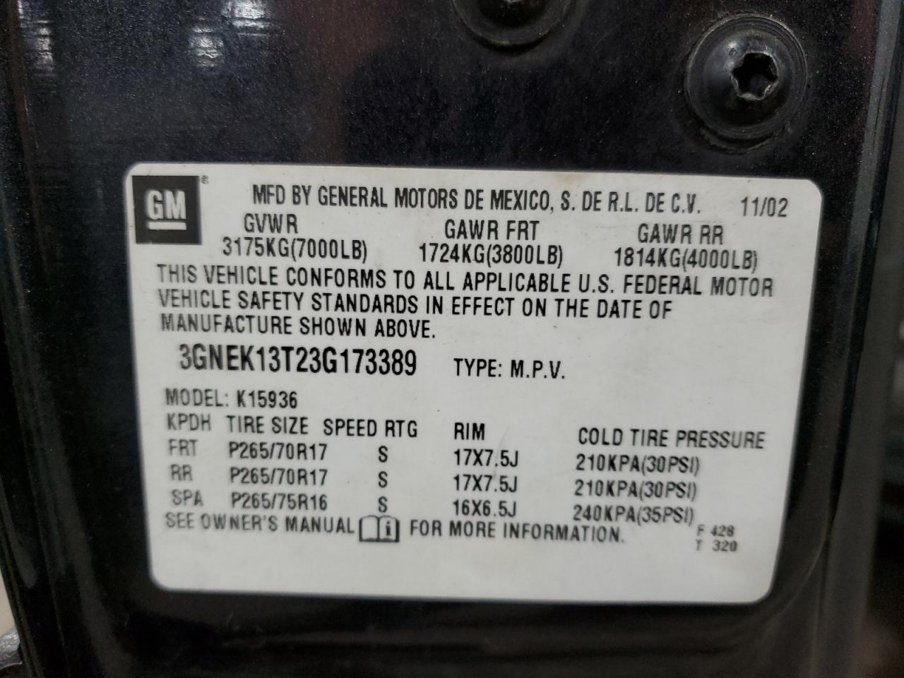 3GNEK13T23G173389 2003 Chevrolet Avalanche K1500 3GNEK13T23G173389 2003 Chevrolet Avalanche K1500