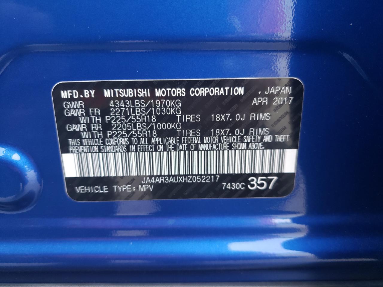 JA4AR3AUXHZ052217 2017 Mitsubishi Outlander Sport Es