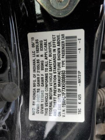 VIN 19XFC1F7XKE008693 2019 HONDA CIVIC no.12