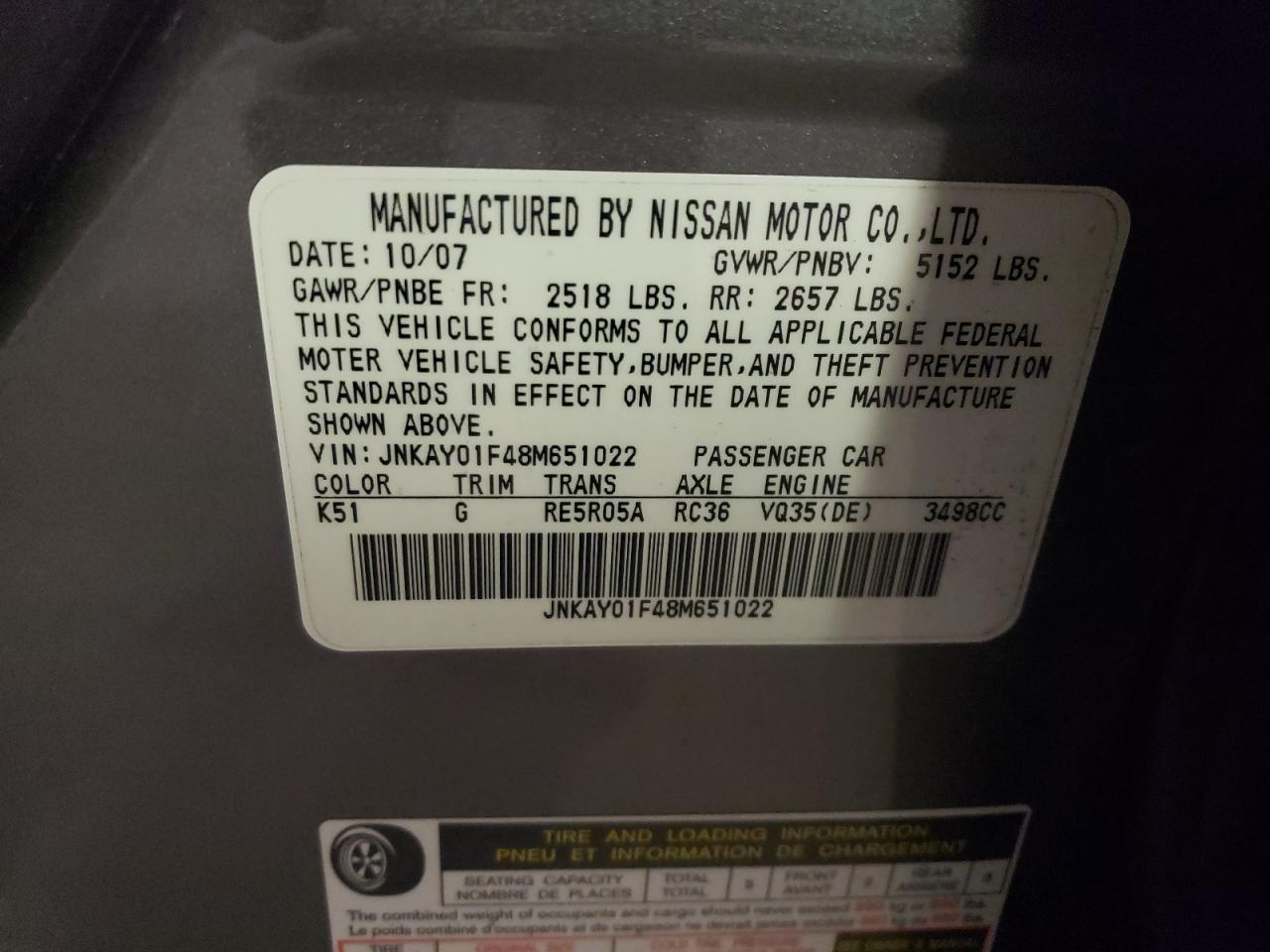 JNKAY01F48M651022 2008 Infiniti M35 Base