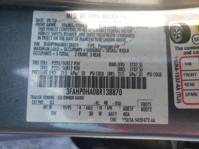 2011 Ford Fusion Se VIN: 3FAHP0HA0BR138870 Lot: 69820053