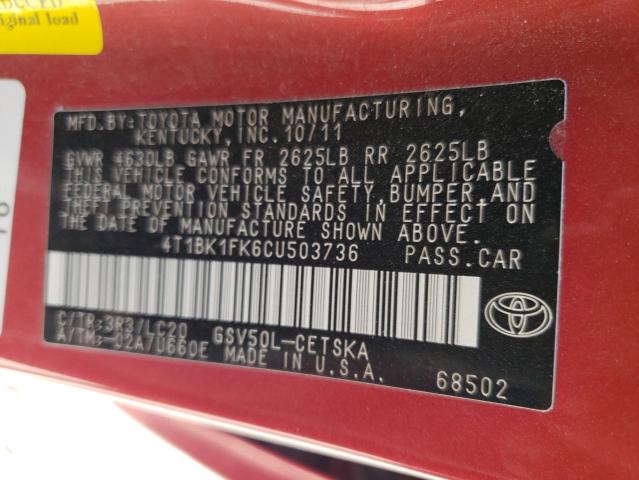 4T1BK1FK6CU503736 2012 Toyota Camry Se