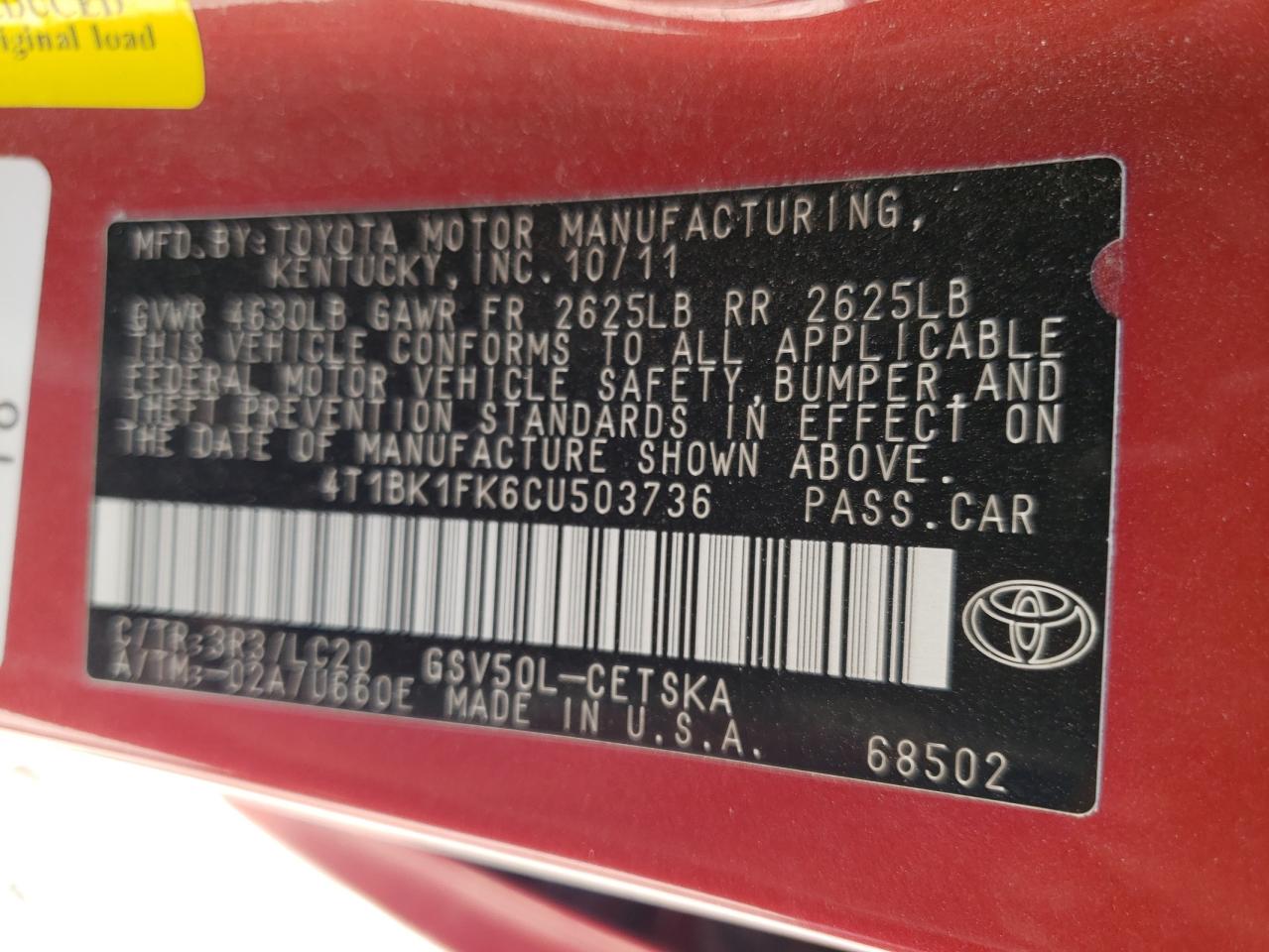 4T1BK1FK6CU503736 2012 Toyota Camry Se 4T1BK1FK6CU503736 2012 Toyota Camry Se