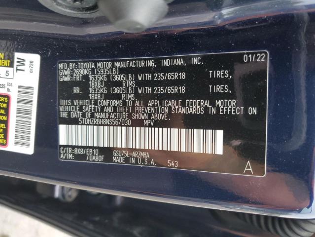 VIN 5TDHZRBH8NS567030 2022 Toyota Highlander, Xle no.13