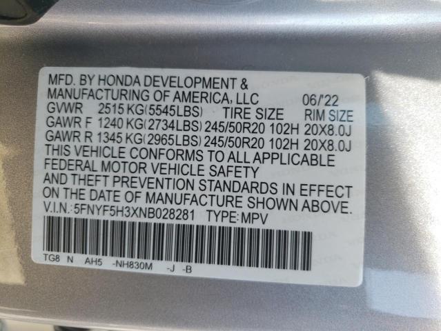 2022 HONDA PILOT SPOR - 5FNYF5H3XNB028281