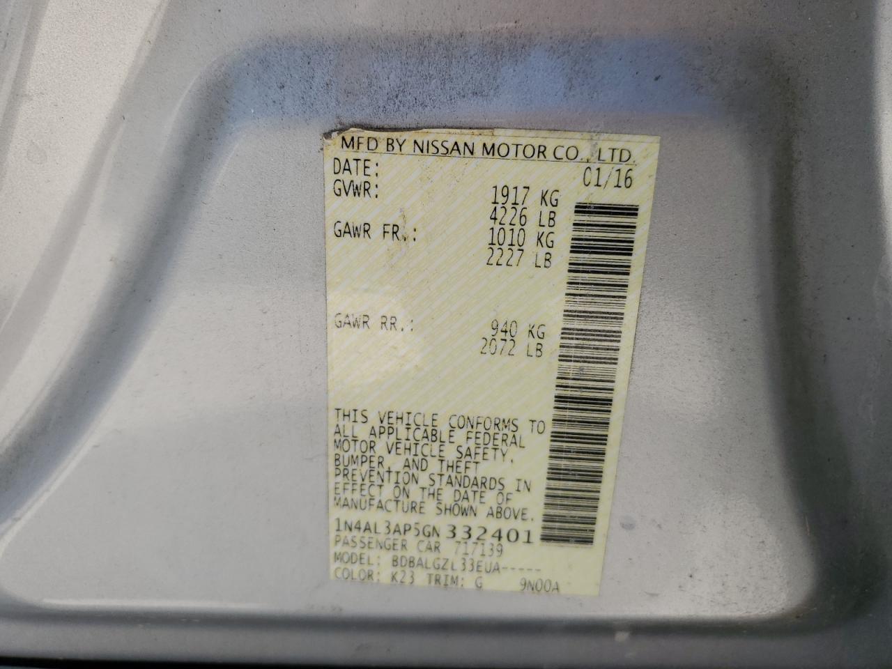 VIN: 1N4AL3AP5GN332401 2016 NISSAN ALTIMA