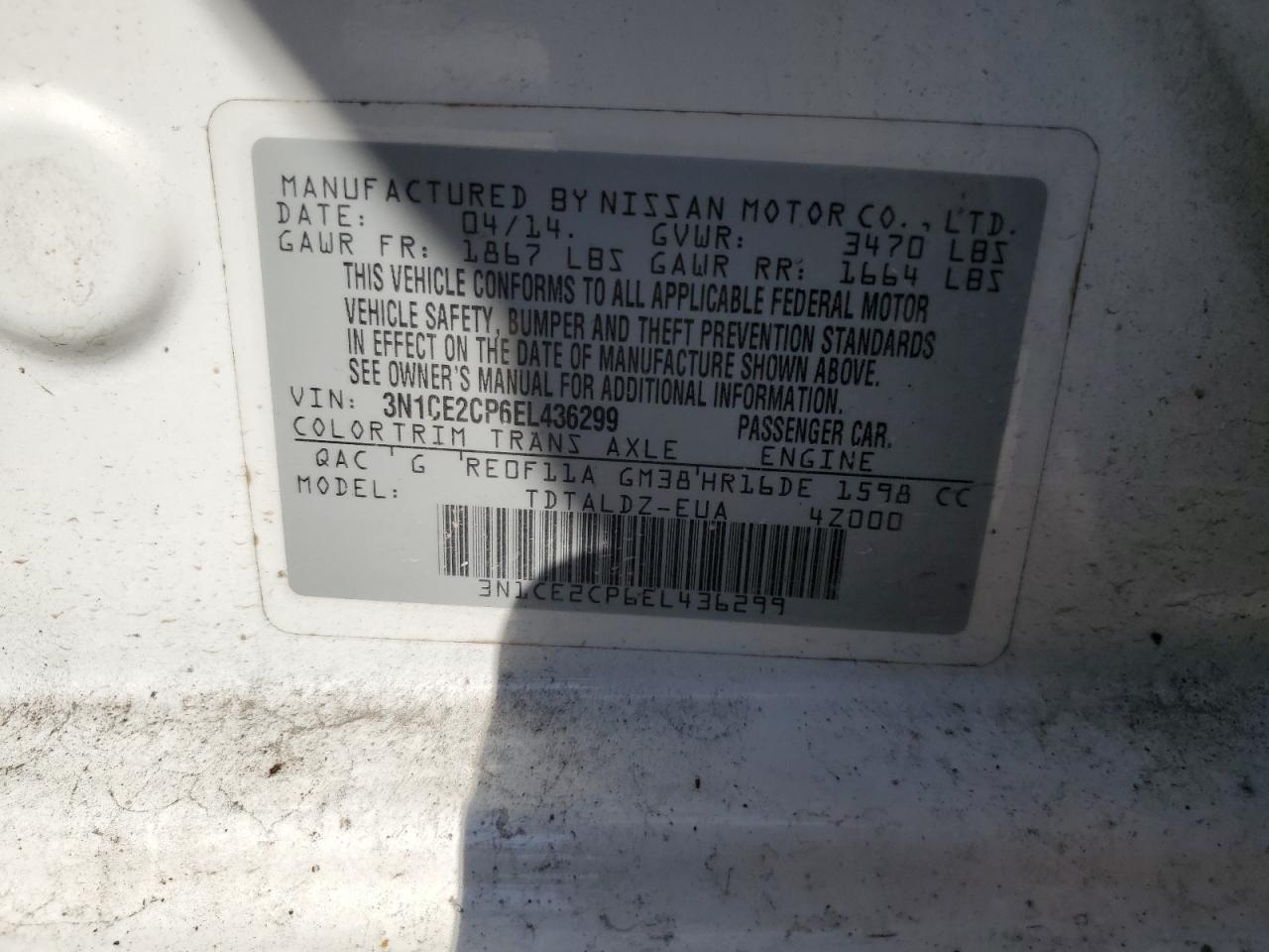 3N1CE2CP6EL436299 2014 Nissan Versa Note S