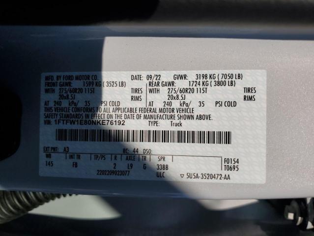 1FTFW1E80NKE76192 Ford F150 Supercrew