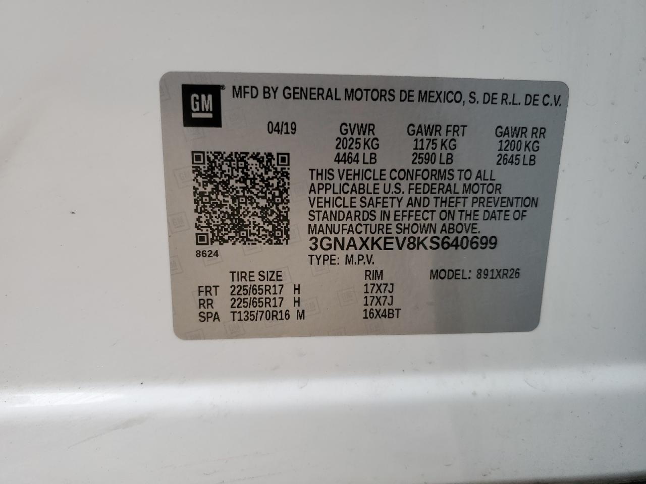 3GNAXKEV8KS640699 2019 Chevrolet Equinox Lt