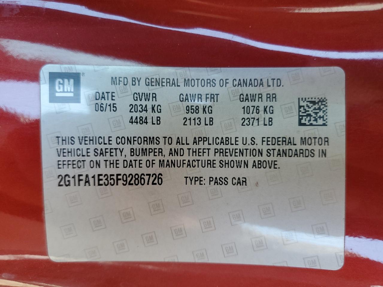 2G1FA1E35F9286726 2015 Chevrolet Camaro Ls