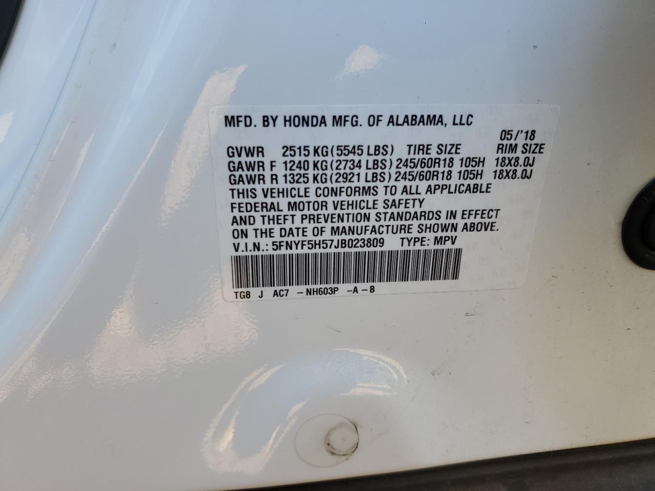 5FNYF5H57JB023809 2018 Honda Pilot Exl 5FNYF5H57JB023809 2018 Honda Pilot Exl