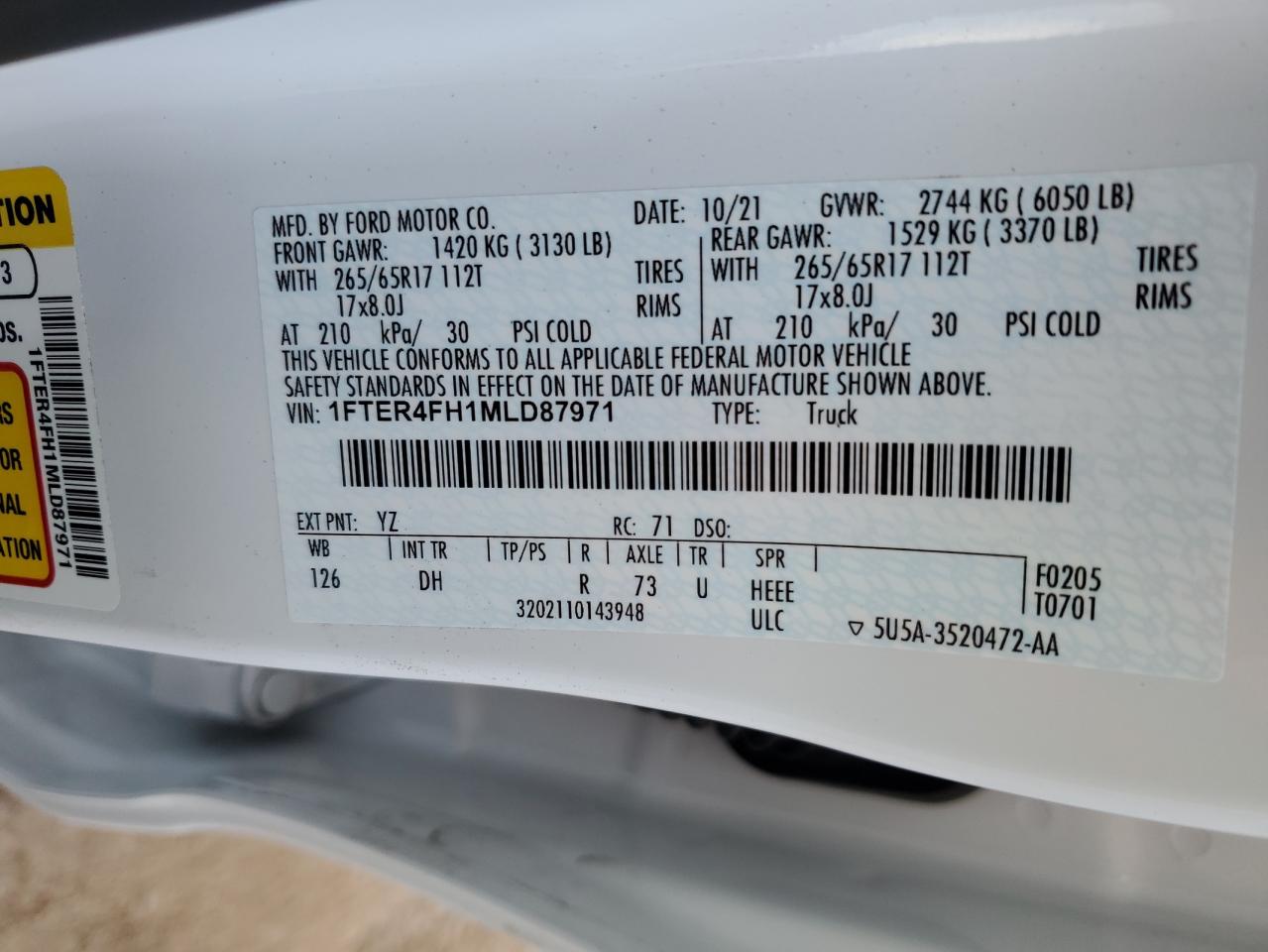 VIN: 1FTER4FH1MLD87971 2021 FORD RANGER