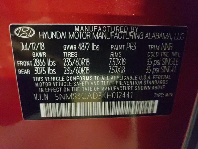 5NMS3CAD3KH012441 Hyundai Santa Fe Sel