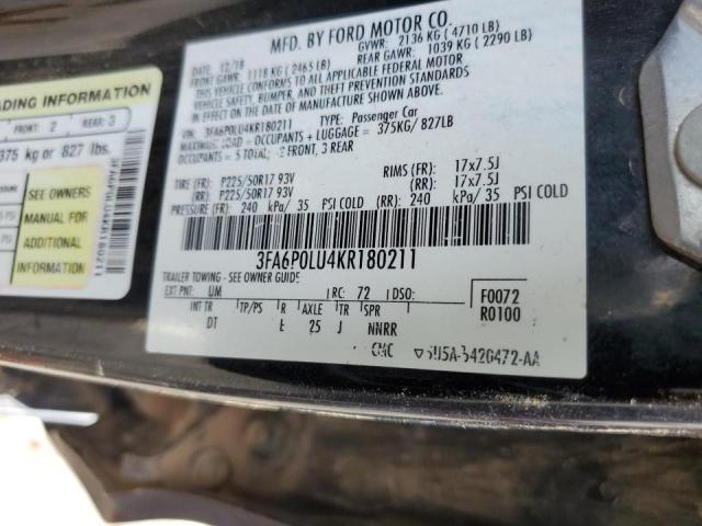 2019 Ford Fusion Se VIN: 3FA6P0LU4KR180211 Lot: 69456533