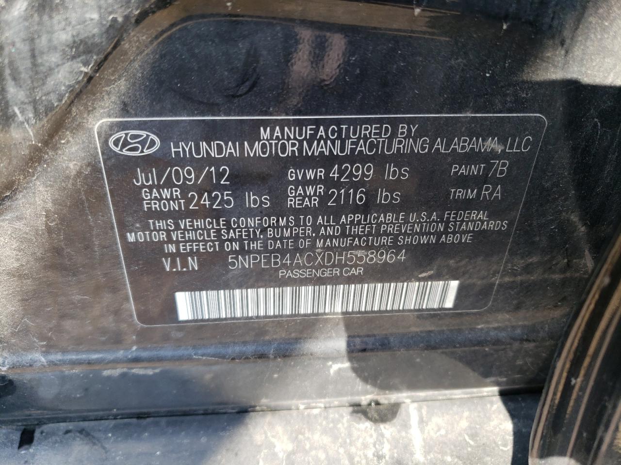 5NPEB4ACXDH558964 2013 Hyundai Sonata Gls