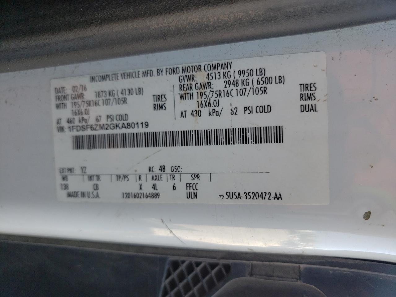 VIN: 1FDSF6ZM2GKA80119 2016 FORD TRANSIT
